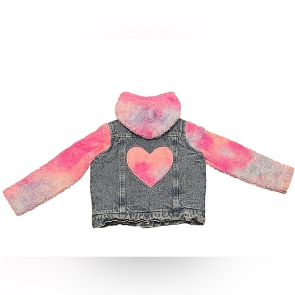 Baby Sara Pink/Blue Fuzzy Heart Snap Up Hybrid Hooded Jean Jacket Size 4 - Picture 2 of 6